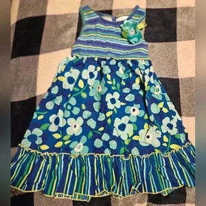 Youngland Girls Blue and Green Sleeveless Striped Floral Sundress Size 4